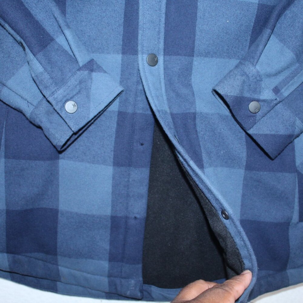 Hurley Men Black and Blue Flannel Jacket Long Sleeve Size 2XL Missing Buttons - Picture 9 of 10